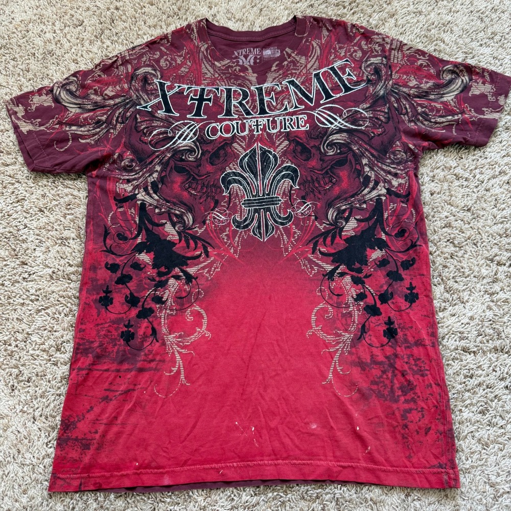 Xtreme Couture Mens Graphic T-Shirt Red Skulls Fleur De Lis MMA XL